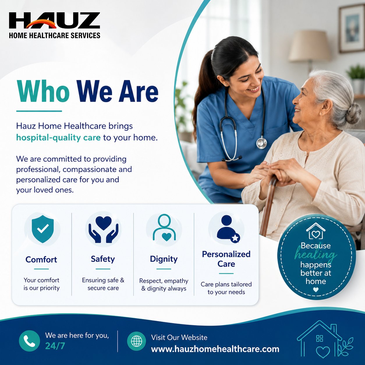 🏡💙 Who We Are – Hauz Home Healthcare Services 💙🏡

At Hauz Home Healthcare, we believe that healing happens best in the comfort of home. Our mission is to deliver hospital-quality healthcare with compassion, dignity, and personalized attention right at your doorstep.

✨ Comfort
✨ Safety
✨ Dignity
✨ Personalized Care

Whether it's elder care, post-hospital recovery, nursing support, or long-term healthcare assistance, our dedicated professionals are here for you and your loved ones-24/7.

📞 Quality care, trusted support, and peace of mind-because your health deserves the best care at home.
🌐 www.hauzhomehealthcare.com

#HauzHomeHealthcare #HomeHealthcare #HealthcareAtHome #PatientCare #ElderCare #NursingCare #SeniorCare #HomeNursing #PersonalizedCare #CompassionateCare #QualityHealthcare #HealthcareServices #MedicalCareAtHome #RecoveryAtHome #CareThatComesHome #HomeHealthServices #CaregiverSupport #HealthAndWellness #DignityInCare #HealingAtHome #24x7Care #ProfessionalCare #FamilyCare #HomeCareSolutions #TrustedHealthcare #HealthcareProfessionals #PatientFirst #WellnessJourney #HomeCare #SeniorWellbeing