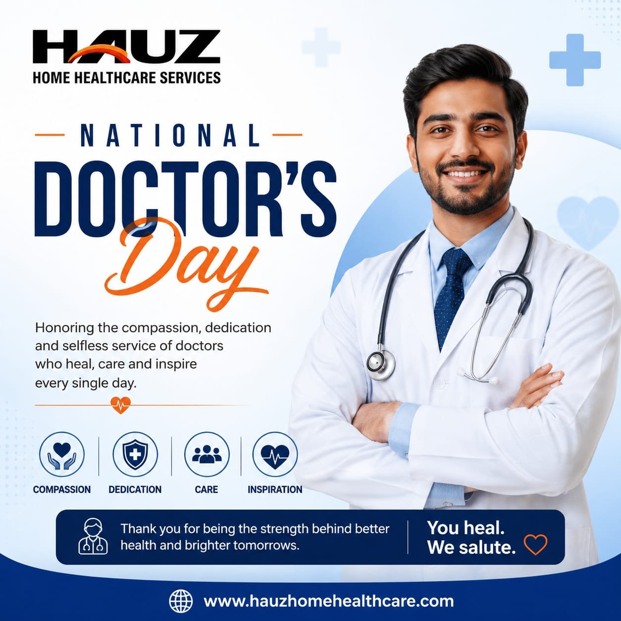 👨‍⚕️ Happy National Doctor's Day! 💙

Today, we honor the incredible doctors whose compassion, expertise, and dedication bring hope and healing to countless lives every day.

At Hauz Home Healthcare Services, we extend our heartfelt gratitude to every doctor for your unwavering commitment, selfless service, and tireless efforts in making the world a healthier place.

You heal. We salute. ❤️

#HappyDoctorsDay #NationalDoctorsDay #DoctorsDay #ThankYouDoctors #HealthcareHeroes #Doctors #MedicalProfessionals #Healthcare #HomeHealthcare #PatientCare #Compassion #Dedication #HealingHands #HealthAndWellness #CareWithCompassion #HauzHomeHealthcare #HealthcareServices #SaluteToDoctors #HealthyCommunities #RespectOurDoctors