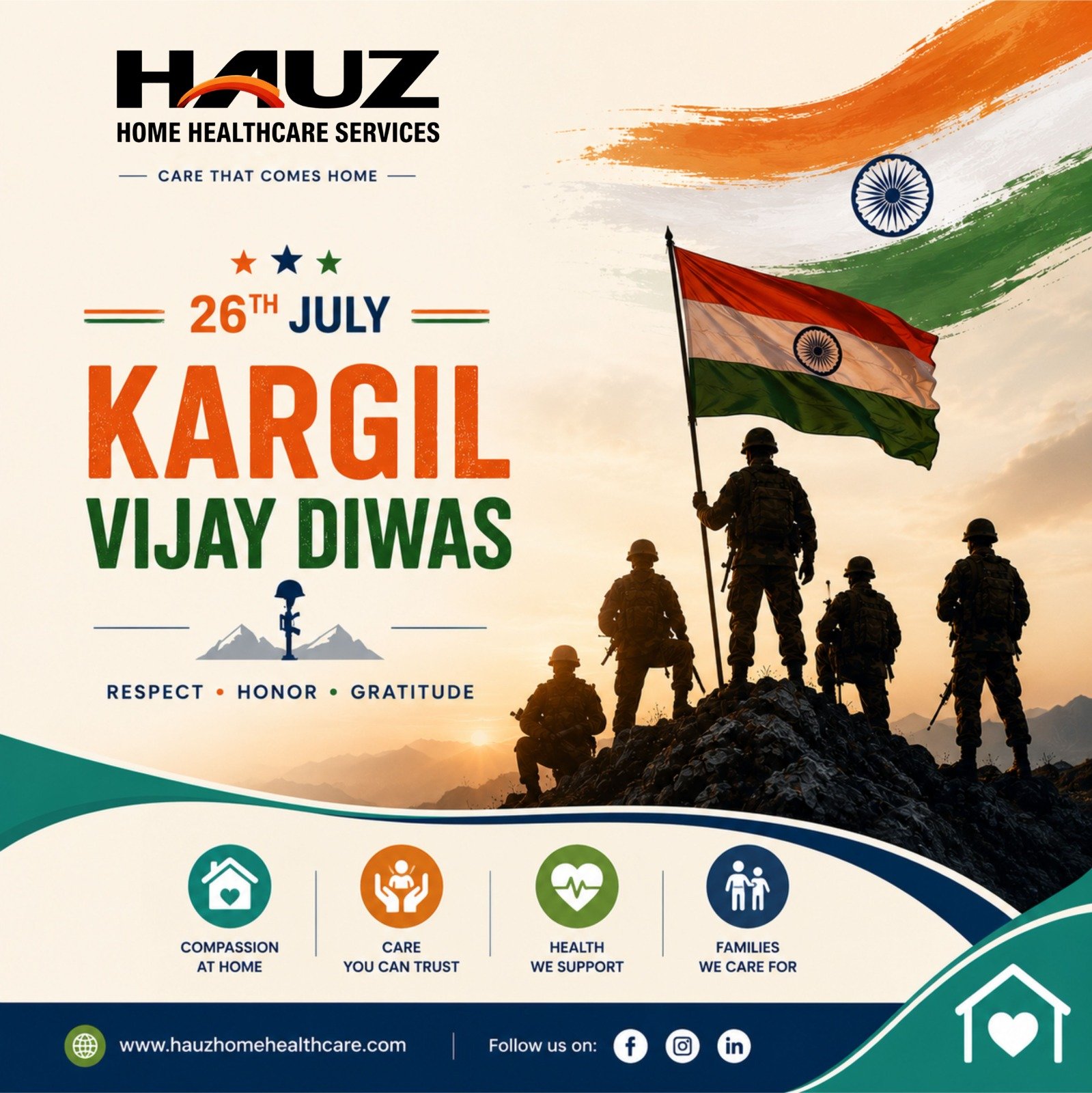 On this Kargil Vijay Diwas, we pay our deepest respects to the brave soldiers whose courage, dedication, and supreme sacrifice safeguarded the sovereignty of our nation.

Their unwavering spirit continues to inspire us to serve with compassion, integrity, and commitment. As we honor the heroes of Kargil, let us remember that their legacy lives on in every act of service and every heartbeat of a grateful nation.

At Hauz Home Healthcare Services, we proudly salute the brave hearts who gave us the freedom to live, care, and serve.

Respect. Honor. Gratitude.
Jai Hind!

#KargilVijayDiwas #KargilWar #JaiHind #SaluteOurHeroes #IndianArmy