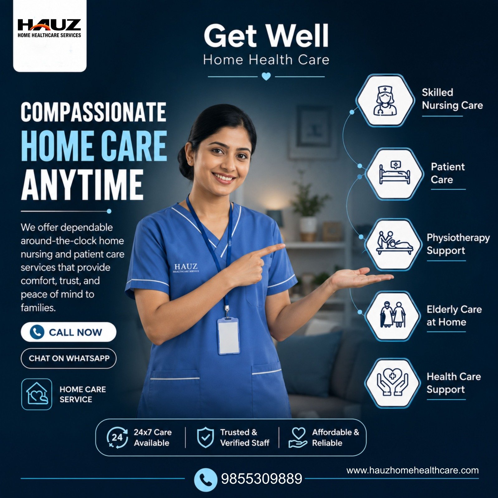 🏡 Compassionate Home Care, Anytime. 💙

Your loved ones deserve professional care in the comfort of their own home. At HAUZ Home Healthcare Services, our experienced and compassionate team is committed to providing quality healthcare with dignity, safety, and trust.

✅ Skilled Nursing Care
✅ Patient Care
✅ Physiotherapy Support
✅ Elderly Care at Home
✅ Home Healthcare Support

🕒 24×7 Care Available
👨‍⚕️ Trusted & Verified Staff
💙 Affordable & Reliable Services

📞 Call Now: 9855309889
🌐 www.hauzhomehealthcare.com

Because healing begins where comfort lives — at home.

#HAUZHomeHealthcare #HomeHealthcare #HomeCare #NursingCare #PatientCare #ElderlyCare #SeniorCare