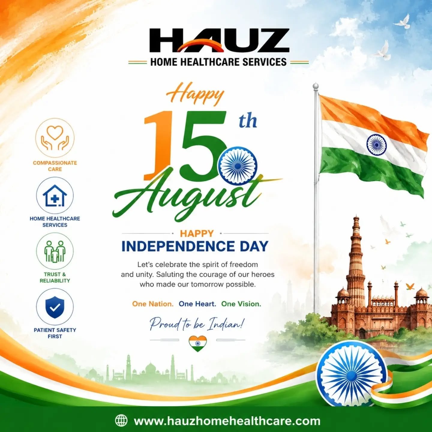 On this 15th August, let us celebrate the spirit of freedom, unity, and pride that makes our nation truly special. 🇮🇳
Hauz Home Healthcare Services salutes the brave hearts who made our freedom possible and celebrates the values of care, compassion, trust, and service that help build a healthier India. ❤️
Let’s come together to make our nation stronger, healthier, and happier.
One Nation. One Heart. One Vision.
🇮🇳 Proud to be Indian! 🇮🇳

🌐 www.hauzhomehealthcare.com

#HappyIndependenceDay #IndependenceDay2026 #15August #JaiHind #ProudToBeIndian