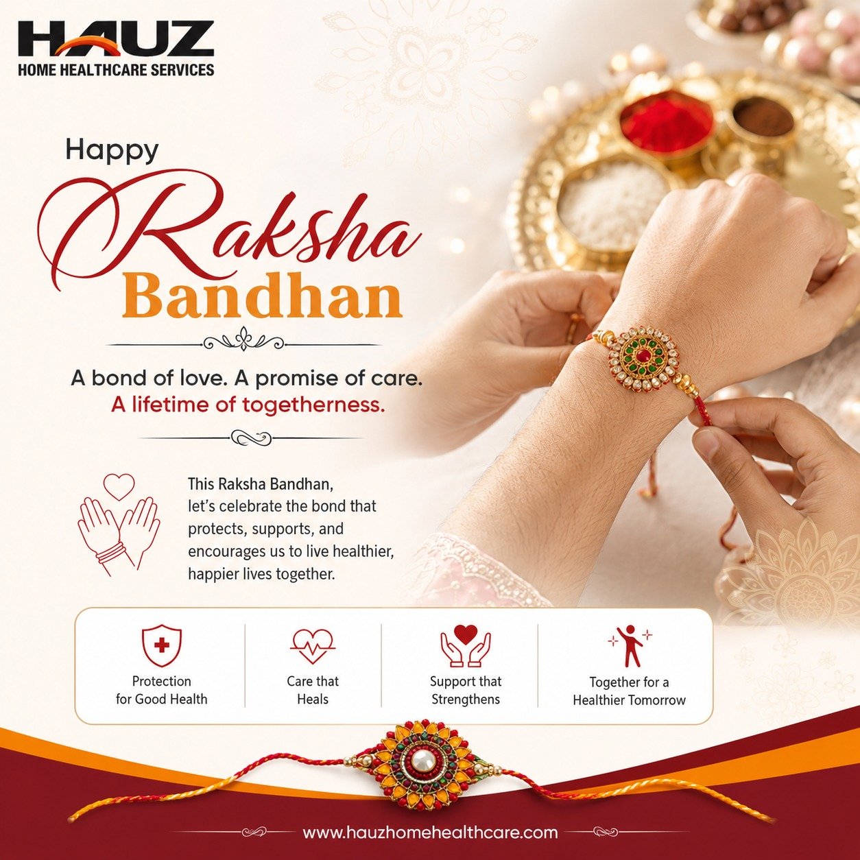 A bond of love. A promise of care. A lifetime of togetherness. ❤️

This Raksha Bandhan, cherish the relationships that protect, support, and inspire us to live healthier, happier lives.

Happy Raksha Bandhan! 🪢✨

#HappyRakshaBandhan #RakshaBandhan2026 #BondOfLove #PromiseOfCare #HealthyTogether #FamilyFirst #HomeHealthcare #HauzHomeHealthcare #CareThatMatters #Togetherness