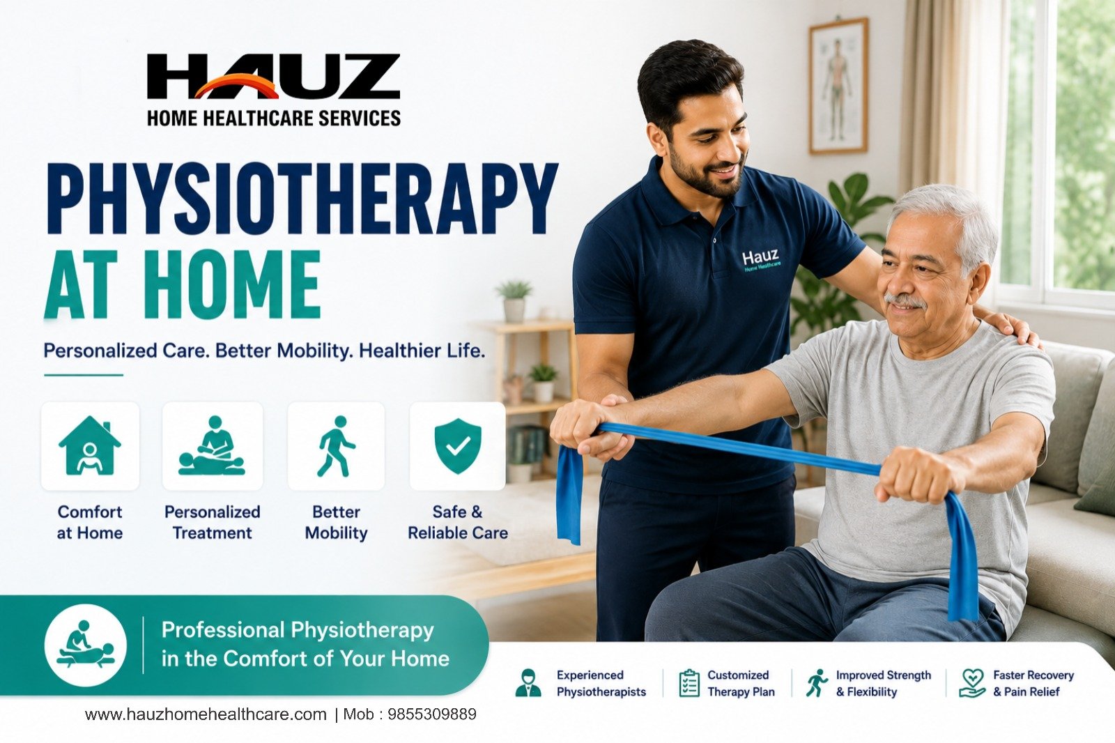 🏡 Physiotherapy at Home – Care That Moves You Forward! 💙💚
Get personalized physiotherapy by experienced professionals, right in the comfort of your home. Improve mobility, build strength, reduce pain, and support faster recovery—with safe, reliable care tailored to your needs.

📞 Call/WhatsApp: 9855309889
🌐 www.hauzhomehealthcare.com

#PhysiotherapyAtHome #HomePhysiotherapy #HauzHomeHealthcare #Physiotherapy #HomeHealthcare