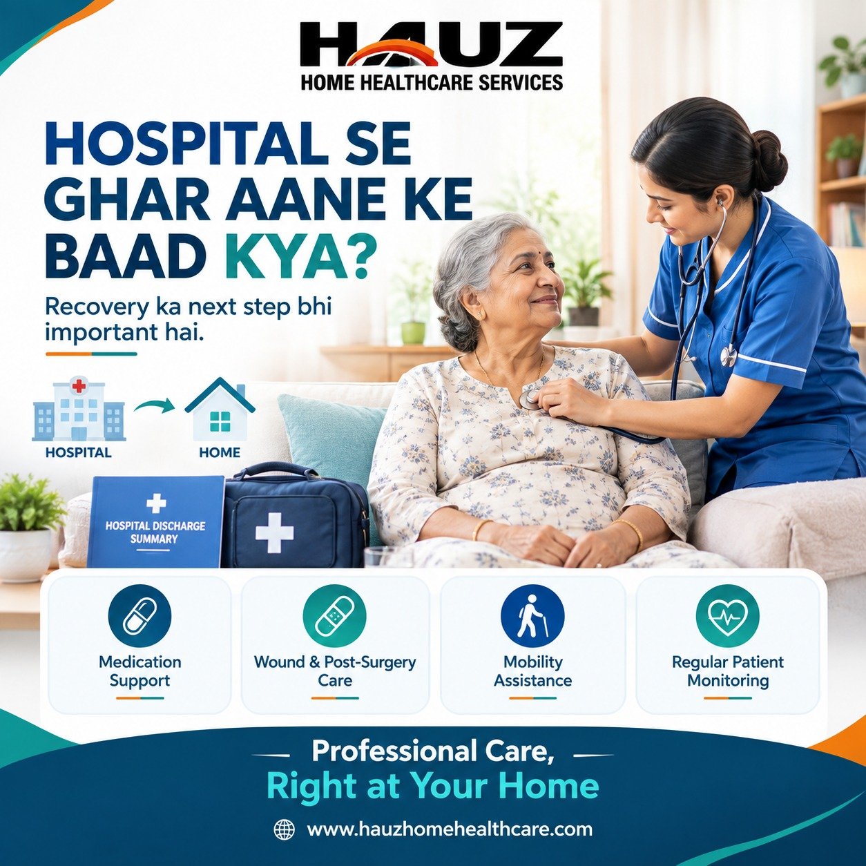 🏠 Hospital Se Ghar Aane Ke Baad Recovery Ka Next Step Bhi Important Hai!

Hospital discharge ke baad proper medication support, wound & post-surgery care, mobility assistance aur regular patient monitoring recovery ko comfortable aur safer banane mein help karte hain. 💙

With Hauz Home Healthcare Services, get professional care and support—right at your home.

🌐 www.hauzhomehealthcare.com

#HauzHomeHealthcare #HomeHealthcare #HomeNursing #PostHospitalCare #PatientCare #PostSurgeryCare