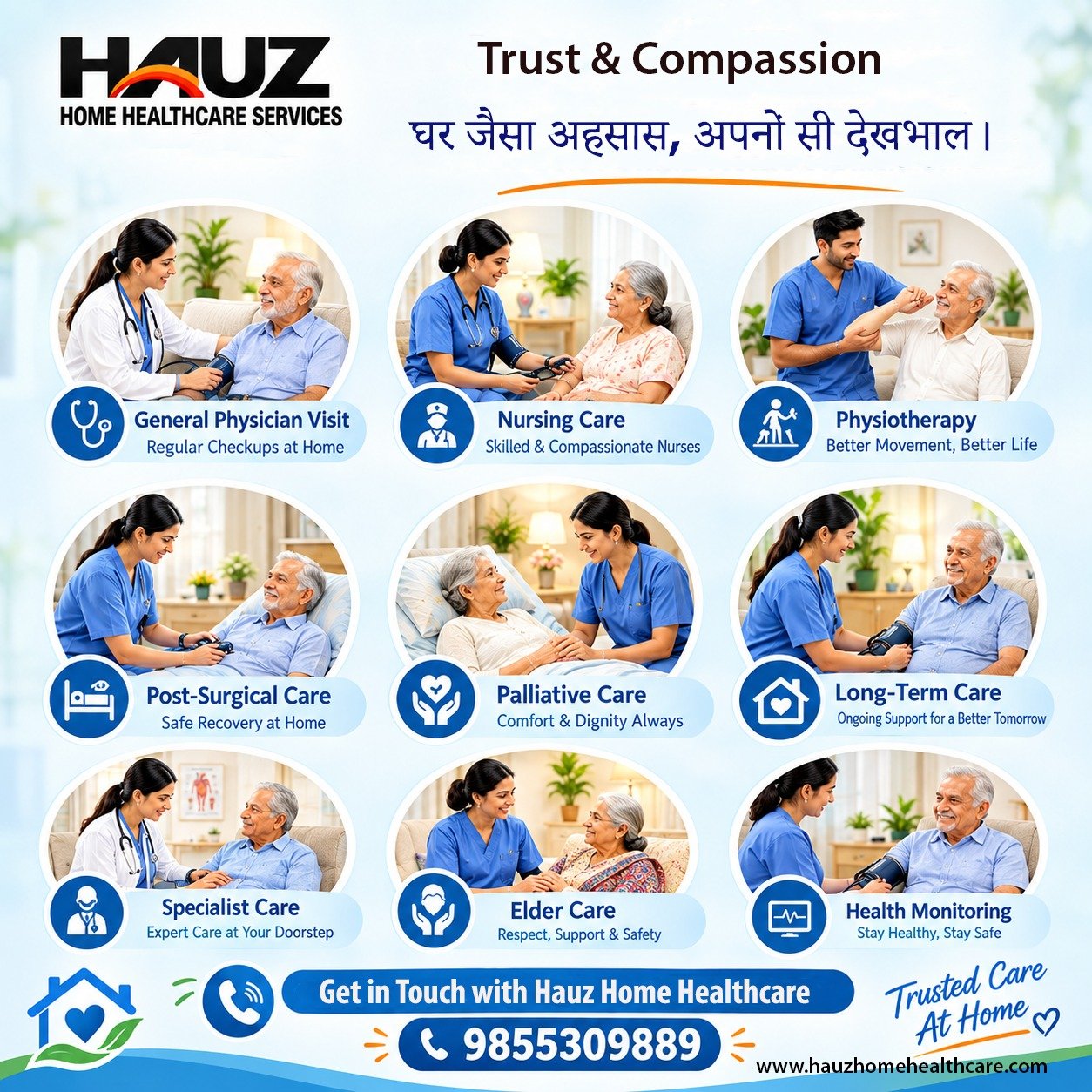 🏠💙 Trust & Compassion, Right at Your Doorstep!
Hauz Home Healthcare brings professional, compassionate healthcare services to your home — from doctor visits, nursing care, physiotherapy and post-surgical care to elder care, palliative care and health monitoring. 
Because every family deserves quality care, comfort, dignity and support at home. ❤️ 
📞 Get in touch: 9855309889
🌐 www.hauzhomehealthcare.com

#HauzHomeHealthcare #HomeHealthcare #HomeNursing #HealthcareAtHome #ElderCare #NursingCare